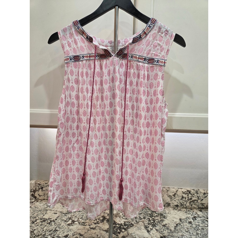 Caffe Marrakesh Pink White Geometric Embroidered Tassel Boho Tank Top Large